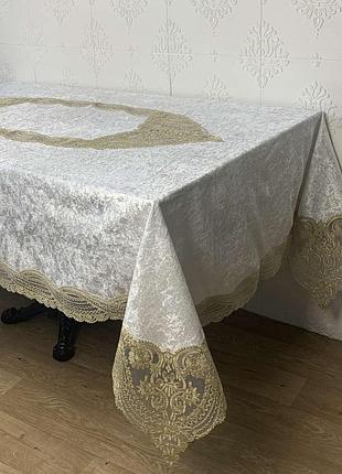 Скатертина велюр acme tekstil 160x220 sunsuzluk krem-gold pvs
