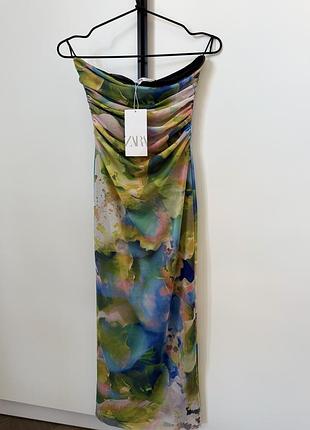 Плаття жіноче zara watercolor print strapless midi dress