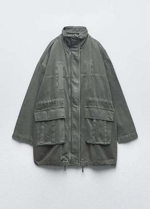 Джинсова парка utility jacket zara сірий/хакі розмір xs-s