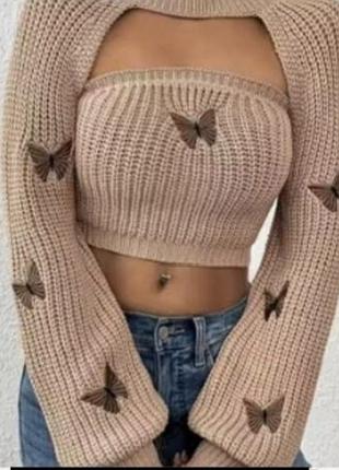 Стильний в’язаний комплект: топ + болеро з метеликами 🦋