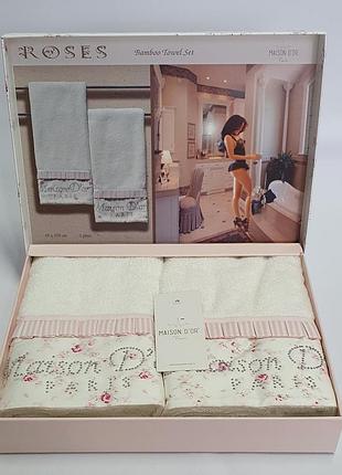 Полотенца maison d'or 2шт roses бамбук 50x100 ekru pink