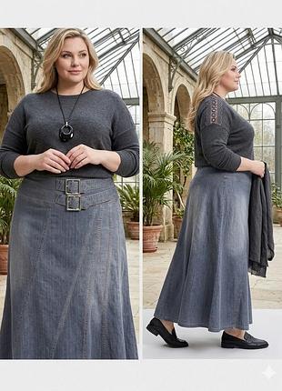 Стильная джинсовая стрейч длинная серая юбка мега батал blanche porte франция