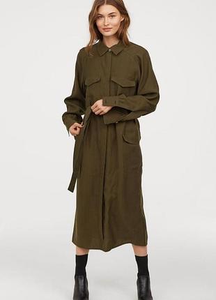 Трендовое платье h&amp;m цвета хаки с пояском.