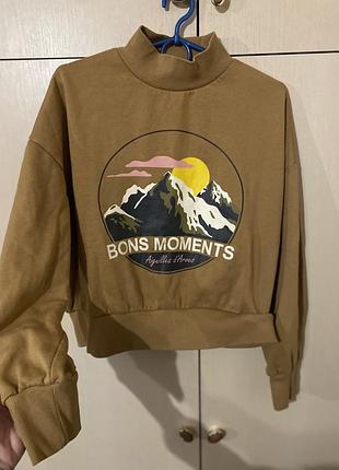 Світшот бавовняний на флісі з горлом об’ємні рукави коричневий бежевий  h&m