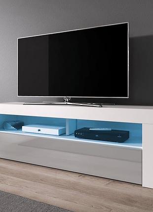 Напольная тумба под телевизор и мультимедиа 160 см с led подсветкой тумбы под tv из ламинированного дсп белый/серая жемчужина глянец