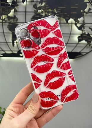 Силиконовый прозрачный чехол на айфон 14 про макс,чехол с кармашком для iphone 14 pro max с рисунком поцелуев