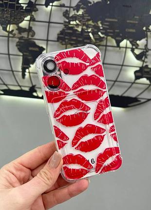 Силиконовый прозрачный чехол на айфон 16,чехол с кармашком для iphone 16 с рисунком поцелуев