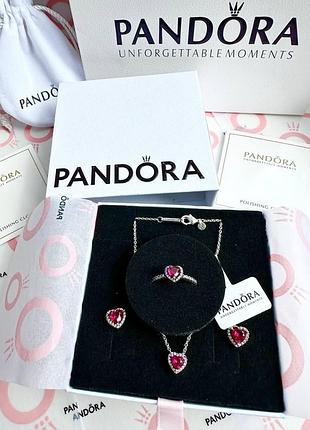 Набір прикрас пандора "червоне серце" 3 в 1: кольє, сережки, каблучка pandora, щирі почуття + коробочка