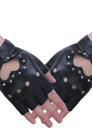 Перчатки беспалые кожаные со стразами gloves s черный 04520