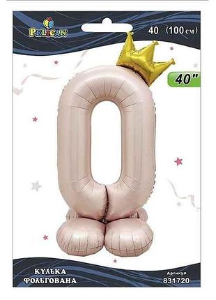 Шарик фольгированная цифра 40 (100 см) с короной на подставке 0 розовый blush тм pelican