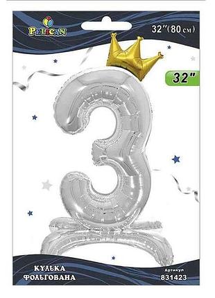Шарик фольгированная цифра 32 (80 см) с короной на подставке 3 серебро тм pelican