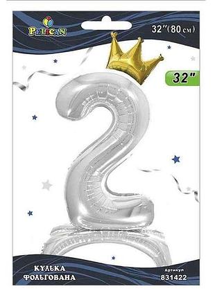 Шарик фольгированная цифра 32 (80 см) с короной на подставке 2 серебро тм pelican