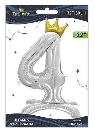 Шарик фольгированная цифра 32 (80 см) с короной на подставке 4 серебро тм pelican