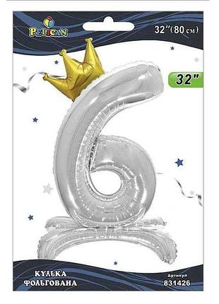 Шарик фольгированная цифра 32 (80 см) с короной на подставке 6 серебро тм pelican