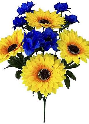 Букет искусственных цветов подсолнечника с васильками h-52см 13 бут. край родной арт.24131-10 тм китай