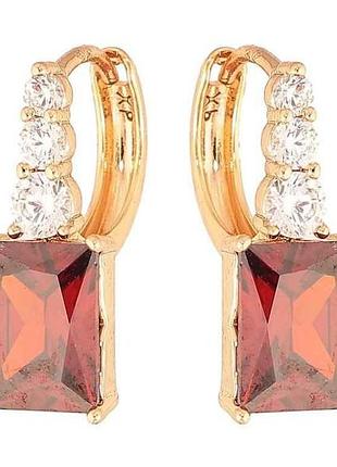 Серьги кольца позолота 18k узор с красными кристаллами арт.307694 тм xuping