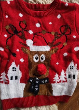 Красный новогодний классный наоядный свитер с оленем на мальчика или девочку 3-4 г 104 см2 фото