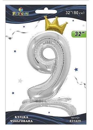 Шарик фольгированная цифра 32 (80 см) с короной на подставке 9 серебро тм pelican