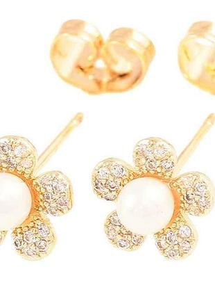 Сережки пусети позолота 18k «кришталеві квіточки з перлинами» 285942 тм xuping