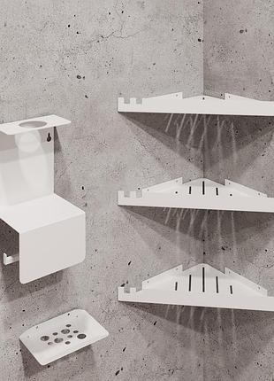 Набор для ванной «minimalism»: угловая полка (3 шт) + держатель для туалетной бумаги + мыльница белый
