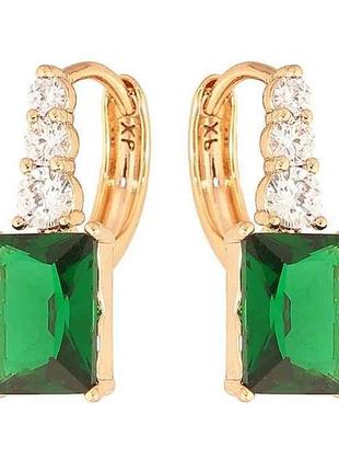 Серьги кольца позолота 18k узор с зелеными кристаллами арт.307696 тм xuping