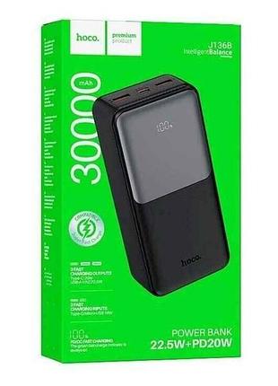 Power bank 30000mah j136b 3a/2usb/qc3.0/22.5w/pd20w/led дисплей (input micro/type-c) черный тм hoco
