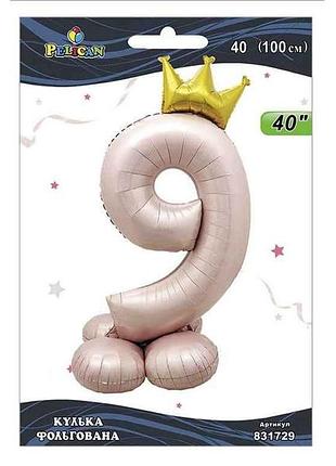 Шарик фольгированная цифра 40 (100 см) с короной на подставке 9 розовый blush тм pelican
