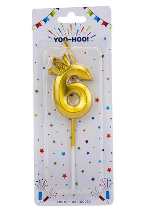 Свічка для торта "6", золота, 13 см yoo-hoo!