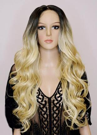 Парик на сетке lace wig блонд длинный кудрявый омбре термо + шапочка под парик в подарок!