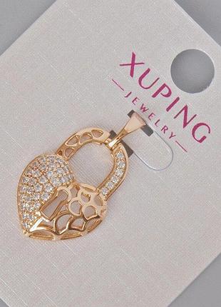 Кулон xuping "серце замок" з білими стразами d-24х15мм+- позолота 18к