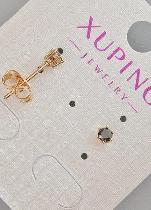 Сережки пусети xuping з чорним кристалом d-4мм+- позолота 18к