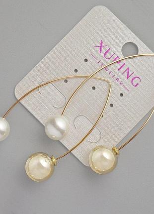 Серьги xuping с бусиной майорка d-10мм, 12мм+- l-53мм+- позолота 18к