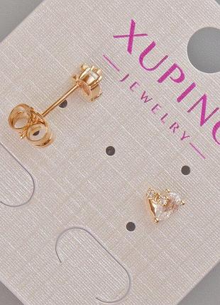 Сережки пусети xuping "серце" з білим кристалом d-6х6,5мм+- позолота 18к