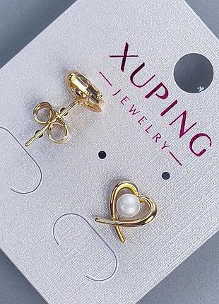 Сережки пусети кульчики xuping серце з перлиною d-4мм+- 9х9мм+- позолота 18к