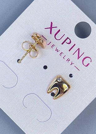 Сережки пусети кульчики xuping зуб з білим кристалом d-9х8мм+- позолота 18к