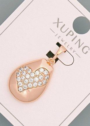 Кулон "серце" xuping з білими стразами d-14,5х19мм+ - l-27мм+- позолота 18к