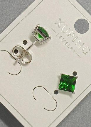 Серьги пусеты xuping с зеленым кристаллом d-6мм+- родий