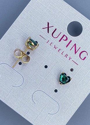 Сережки пусети кульчики xuping серце з зеленим каменем 6мм+- позолота 18к