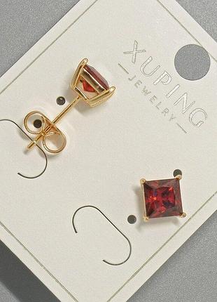 Сережки пусети xuping з червоним кристалом d-6мм+- позолота 18к