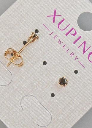 Сережки пусети xuping з чорним кристалом d-4мм+- позолота 18к