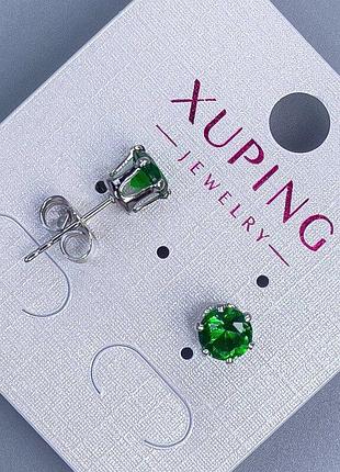 Серьги пусеты серьги пульчики xuping с зеленым камнем оправа "корона" 6мм+- родий