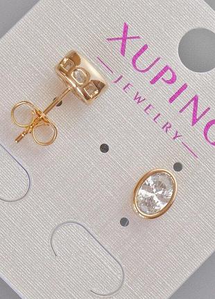 Сережки пусети xuping з білим кристалом d-8,5х6,5мм+- позолота 18к