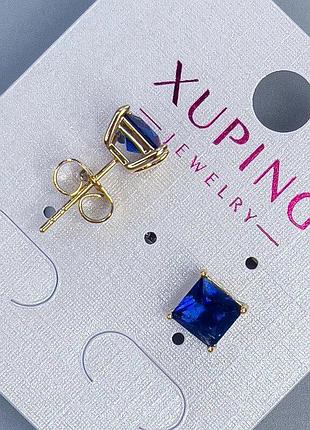 Сережки пусети кульчики xuping з синім каменем оправа "квадро" 6мм+- позолота 18к