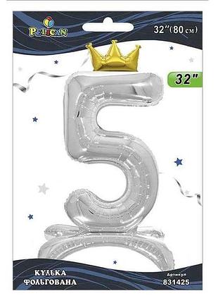 Шарик фольгированная цифра 32 (80 см) с короной на подставке 5 серебро тм pelican