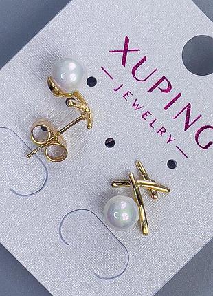 Сережки пусети кульчики xuping з перлиною d-6мм+- 12х10мм+- позолота 18к