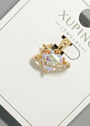 Кулон "сердце" xuping с розовым кристаллом и белыми стразами d-14х9мм+ - l-16,5мм+- позолота 18к