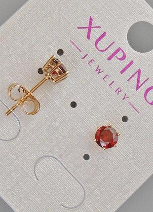 Сережки пусети xuping з червоним кристалом d-6мм+- позолота 18к