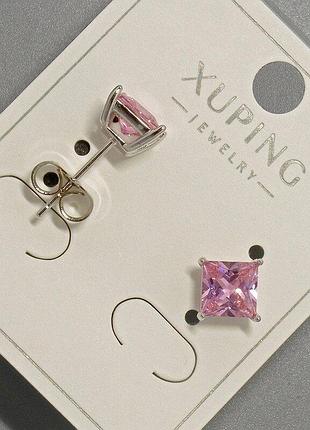 Серьги пусеты xuping с розовым кристаллом d-6мм+- родий