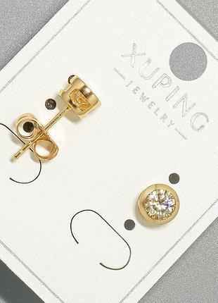 Серьги пусеты xuping с белыми кристаллами d-6мм+- позолота 18к