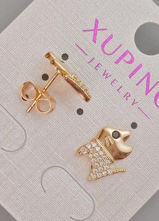 Сережки пусети xuping "котик" з білими стразами d-12х10мм+- позолота 18к